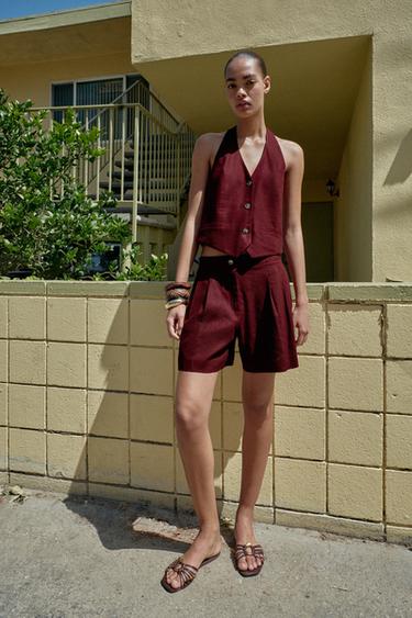 LINEN BLEND HALTER WAISTCOAT - Burgundy by Zara