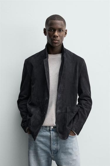 REGULAR FIT SUEDE LEATHER BLAZER - Dark navy by Zara
