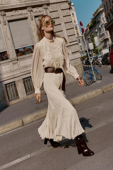 LACE MIDI DRESS WITH BELT - Mid-ecru by Zara