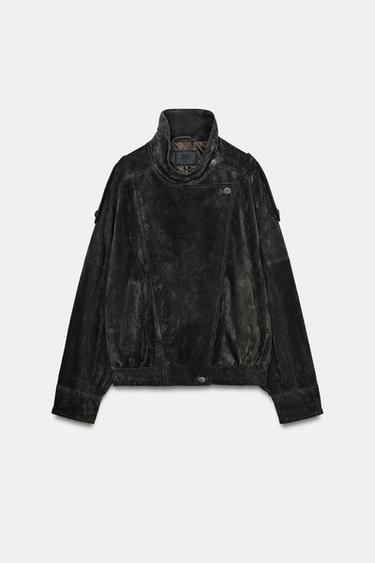 100% SUEDE LEATHER BIKER JACKET WITH COVERED BUTTONS - Charcoal by Zara