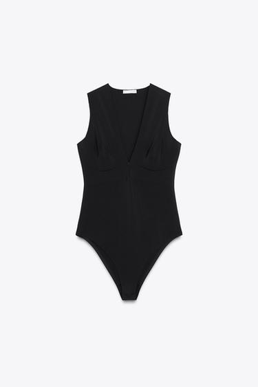 V-NECK POLYAMIDE BODYSUIT - Black by Zara