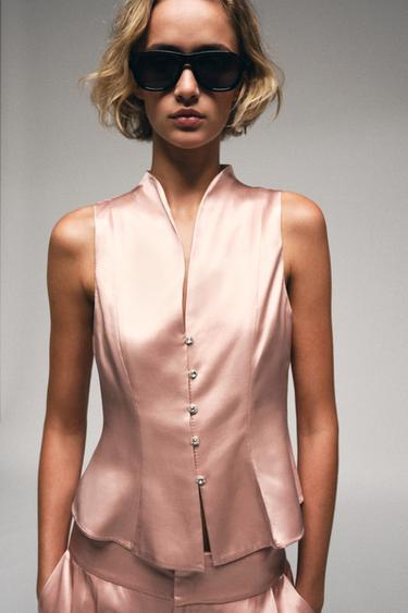 SATIN TOP WITH RHINESTONE BUTTONS - Pink by Zara