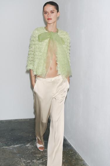 FRINGED KNIT CARDIGAN WITH ORGANZA TIE - Light green by Zara - Image 0