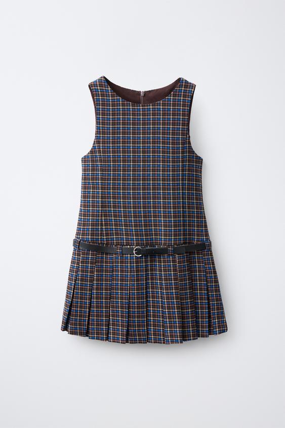 CHECK PINAFORE DRESS WITH BELT - Brown-Blue by Zara - Image 0