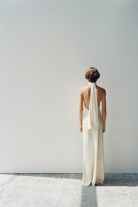 LONG SATIN DRESS WITH TIE DETAIL - Oyster-white by Zara - Image 0