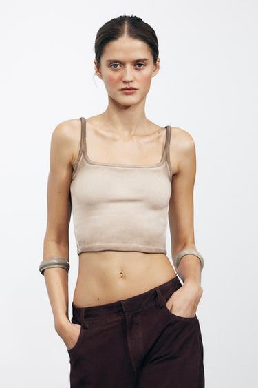 CROPPED RIBBED T-SHIRT - Brown / Taupe by Zara