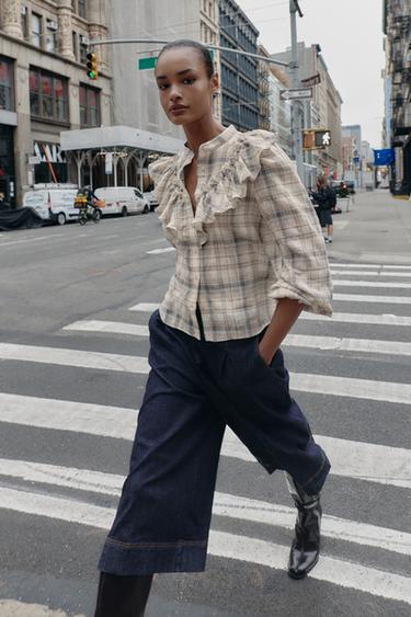 CHECK SHIRT WITH RUFFLES - Ecru / Brown by Zara