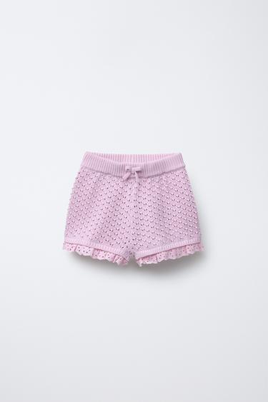 LACE-TRIMMED KNITTED BERMUDA SHORTS - Pink / Lilac by Zara
