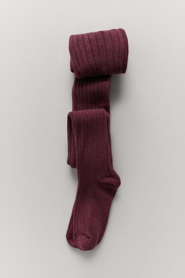PLAIN RIBBED TIGHTS - Burgundy by Zara