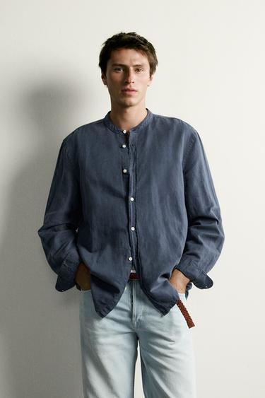 RELAXED FIT LINEN/COTTON SHIRT - Deep blue by Zara
