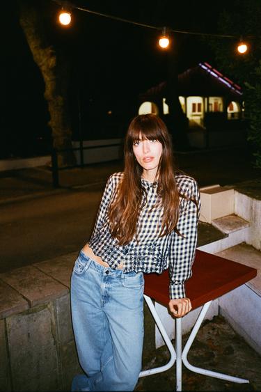 CHECK SHIRT WITH CUTWORK EMBROIDERY - Ecru / Navy by Zara - Image 0