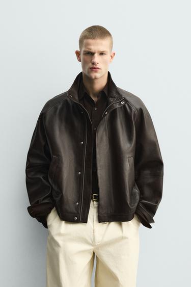 LEATHER BOMBER JACKET - Chocolate by Zara