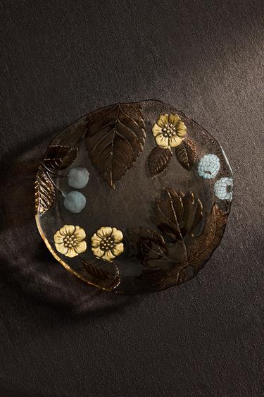 GLASS DESSERT PLATE WITH LEAVES AND FLOWERS - Brown by Zara