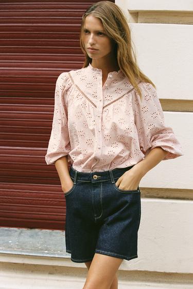 SHIRT WITH CUTWORK EMBROIDERY - Pastel pink by Zara