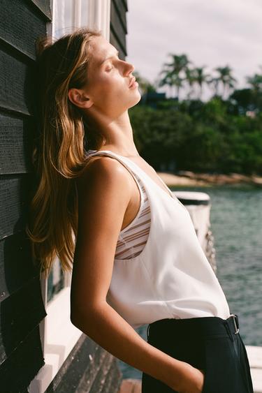 CONTRAST TOP - Oyster-white by Zara