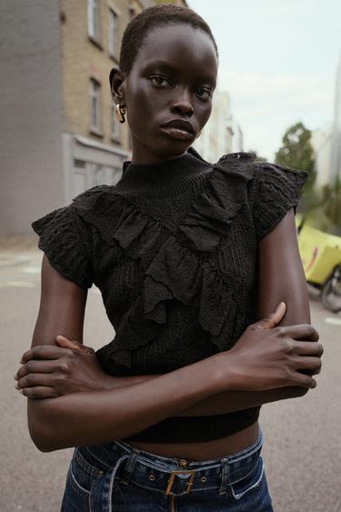 POINTELLE KNIT TOP WITH RUFFLES - Black by Zara