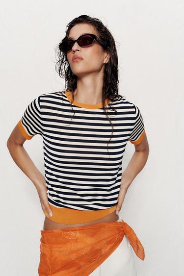 STRIPED KNIT TOP - white-orange by Zara