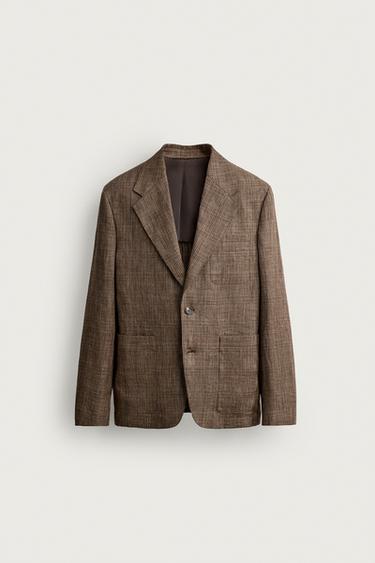 100% LINEN CHECK BLAZER - Brown marl by Zara