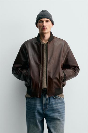 WAXED LEATHER BOMBER JACKET - Dark brown by Zara