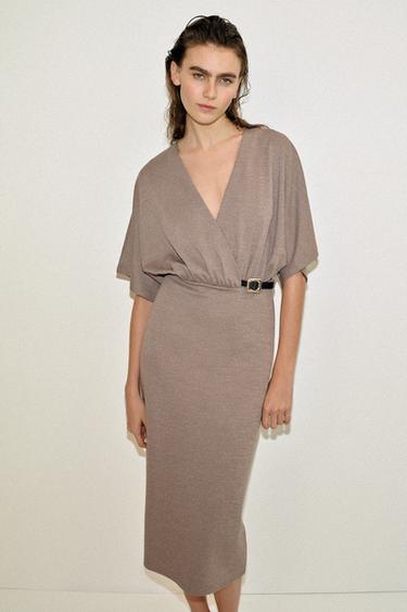 MIDI PIQUÉ DRESS WITH BELT - Light brown by Zara