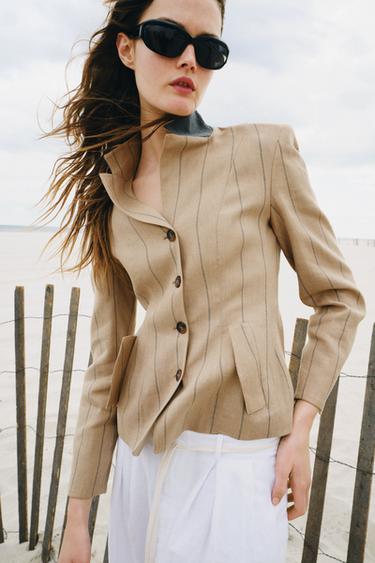 ZW COLLECTION STRIPED BLAZER WITH LINEN - Mid-camel by Zara