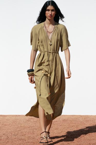 MIDI DRESS WITH BEADED BELT - Khaki by Zara - Image 0