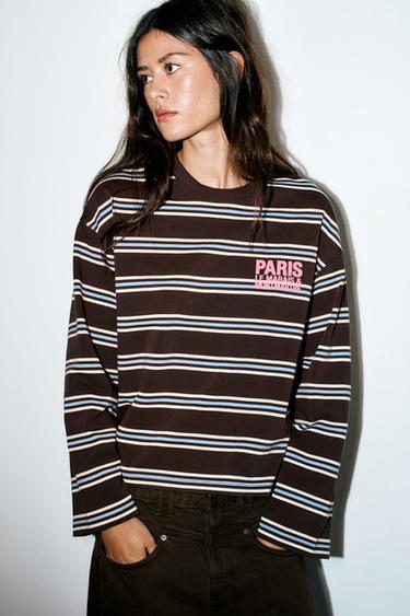 STRIPED T-SHIRT WITH TEXT - Brown Stripes by Zara