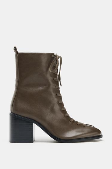LEATHER LACE-UP ANKLE BOOTS - Taupe Grey by Zara