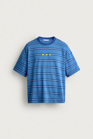 STRIPED JACQUARD EMBROIDERED T-SHIRT - Blue / Indigo by Zara