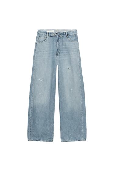 TRF RIPPED FOLDED WAIST MID-WAIST JEANS - Light blue by Zara