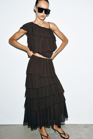 RUFFLED MIDI SKIRT - Dark brown by Zara