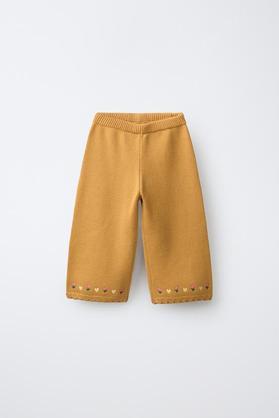 EMBROIDERED FLORAL KNIT CULOTTES - Mustard by Zara - Image 0