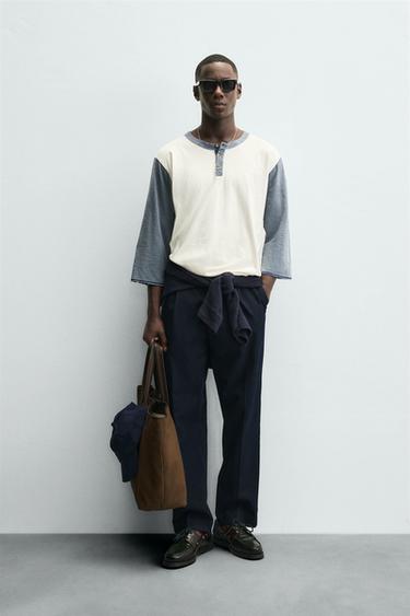 COLOUR BLOCK T-SHIRT WITH BUTTONED NECK - Ecru by Zara - Image 0
