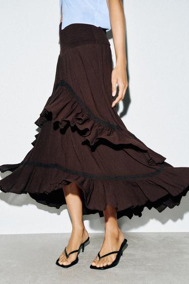 RUFFLED MIDI SKIRT - Brown by Zara