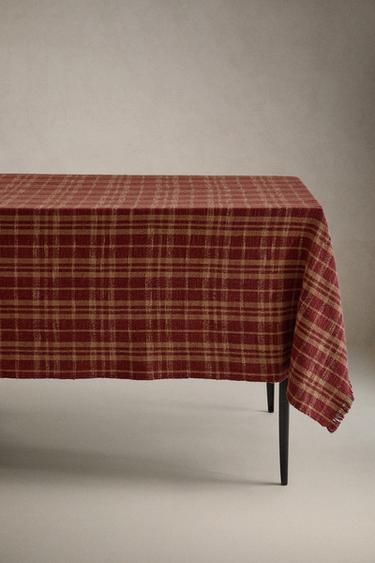 CHECK COTTON CHRISTMAS TABLECLOTH WITH FRINGING - Ecru / Red by Zara