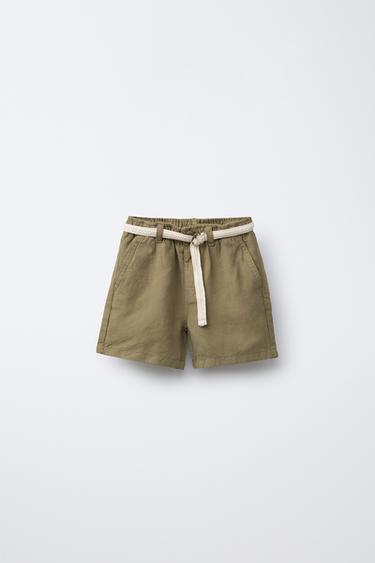 LINEN-BLEND BERMUDA SHORTS WITH DRAWSTRING BELT - Khaki by Zara - Image 0