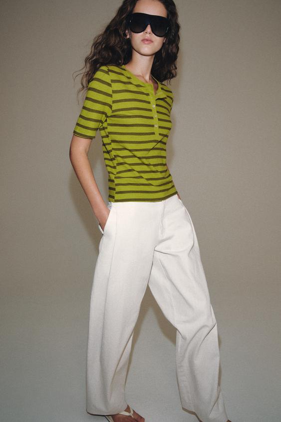 LINEN BLEND BUTTON T-SHIRT - Greens by Zara - Image 0