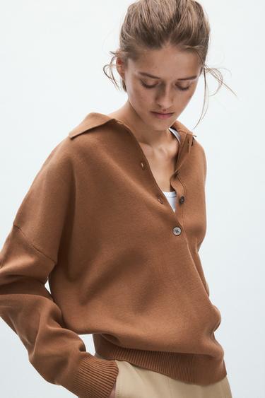OVERSIZED PLAIN KNIT POLO SHIRT - Brandy by Zara
