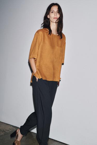 ZW COLLECTION LINEN SHORT SLEEVE TOP - Ochre by Zara