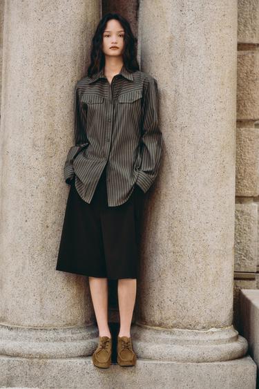 STRIPED POPLIN SHIRT - Brown-Blue by Zara