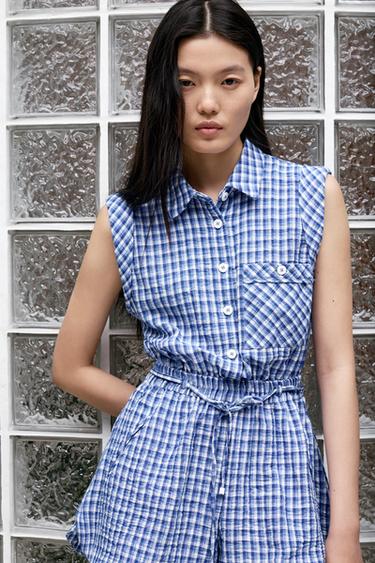 SHORT CHECKED JUMPSUIT - Blue/White by Zara