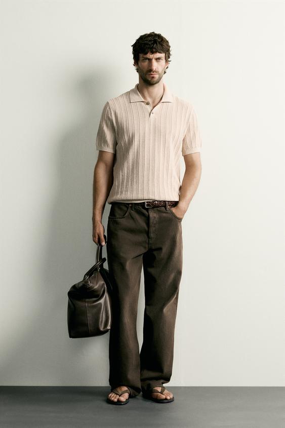 OPEN-KNIT TEXTURED POLO SHIRT - Sand by Zara - Image 0