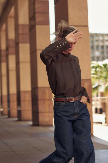 BLOUSE WITH CUTWORK EMBROIDERY - Brown by Zara