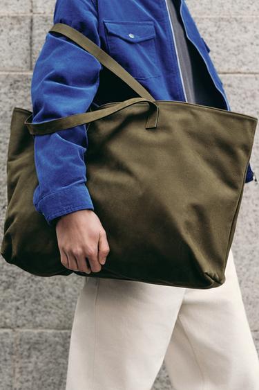 LEATHER TOTE BAG - Khaki Green by Zara