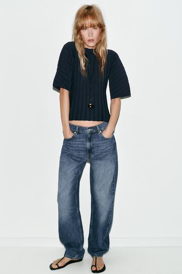 RIB KNIT PUFF SLEEVE TOP - Navy blue by Zara