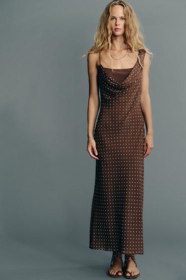 DRAPED NECK POLKA DOT DRESS - Brown / Ecru by Zara
