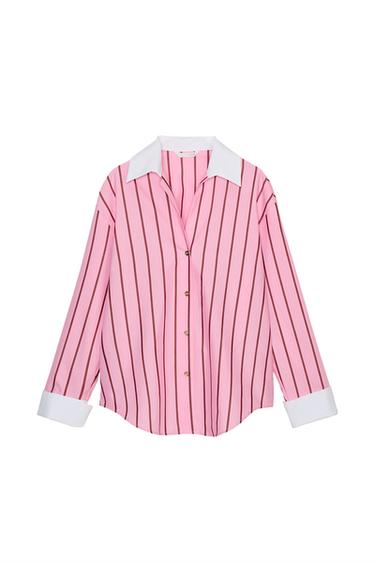 OVERSIZE STRIPED SHIRT WITH CONTRAST CUFFS - Pink / White by Zara