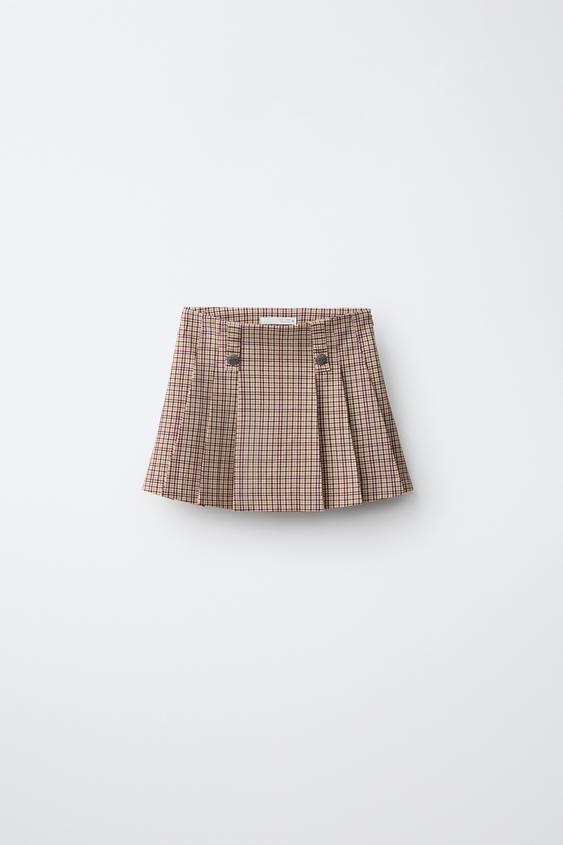 CHECKED PLEATED SKIRT WITH BUTTON DETAIL - Ecru / Maroon by Zara - Image 0