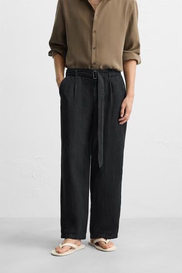 100% LINEN TROUSERS WITH BELT - Black by Zara