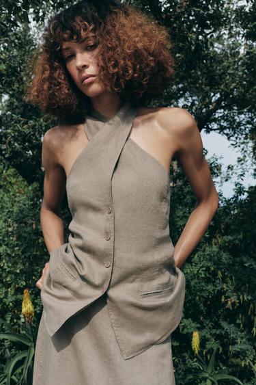 ZW COLLECTION 100% LINEN HALTER WAISTCOAT TOP - Mink by Zara